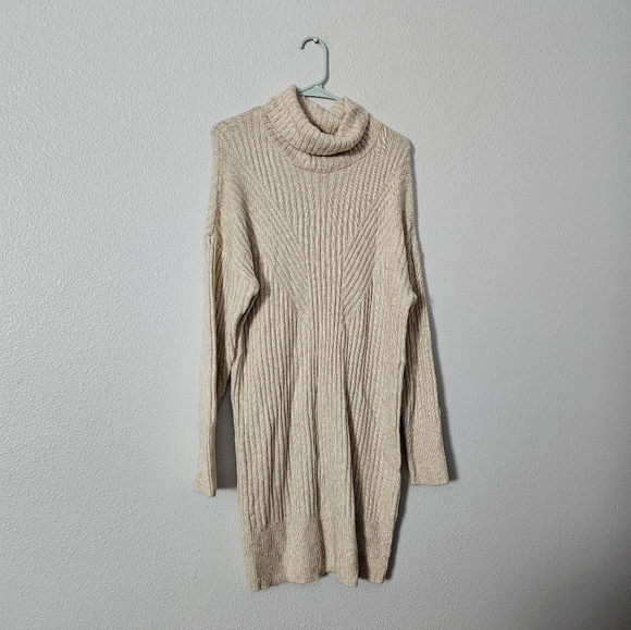 Cream  Tahari Ribbed Turtleneck Sweater Dress Sz L - Picture 2 of 9